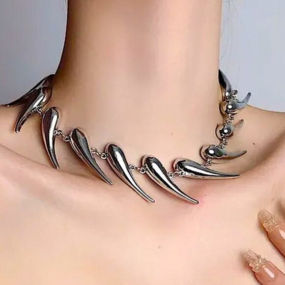 Stainless Steel Spiked Statement Choker Necklace - Picture 5 of 10
